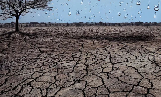 Image similar to panorama of big raindrops flying upwards into the perfect cloudless blue sky from a dried up river in a desolate land, dead trees, blue sky, hot and sunny highly-detailed, elegant, dramatic lighting, artstation, 4k, cinematic landscape, photograph by National Geographic