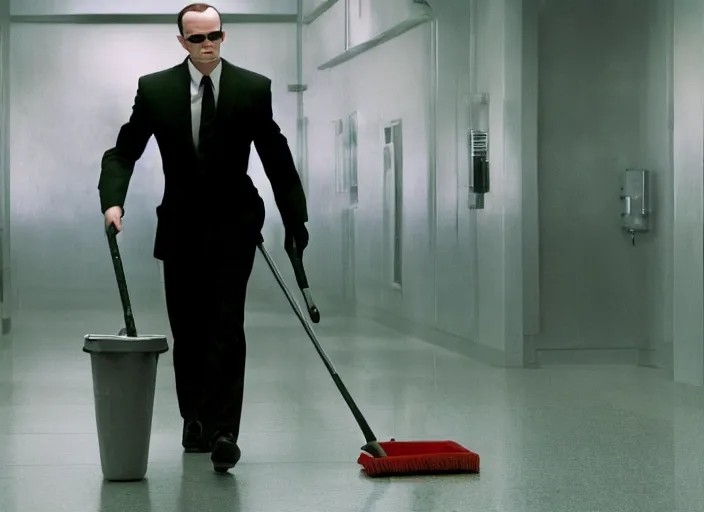 Prompt: film still of agent smith working as a janitor in the new matrix movie, 4 k