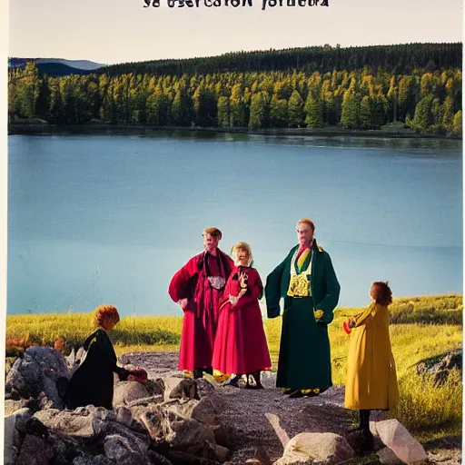 Prompt: ”An election poster for the Swedish Green Party showing a view of Lake Siljan and people in folk costumes in the foreground, golden hour, sigma 55”