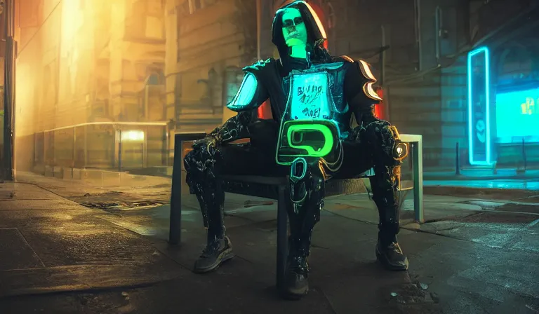 Image similar to neon cyberpunk knight armor sitting on a bench in the middle of a cyberpunk city alone, close shot, 8k, cinematic, epic, ultra detailed, award winning, trending on artstationHD, dramatic