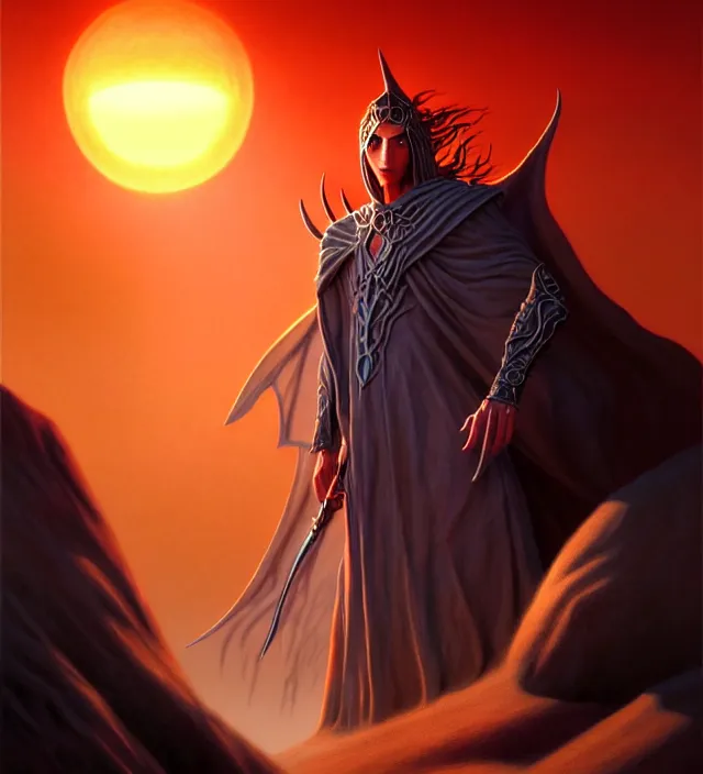 Image similar to a defiler wizard upon the dunes, the dark sun of athas,'dark sun'- campaign setting, brom's dark sun art on a 7 0's style fantasy novel cover, amazingly detailed d & d art, concept art, intricate details, beautiful, volumetric lighting, cgsociety, artstation