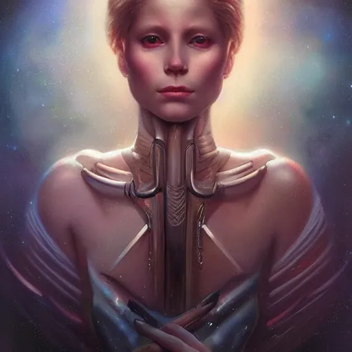 Prompt: a beautiful portrait of a celestial goddess by Jim Burns and Tom Bagshaw