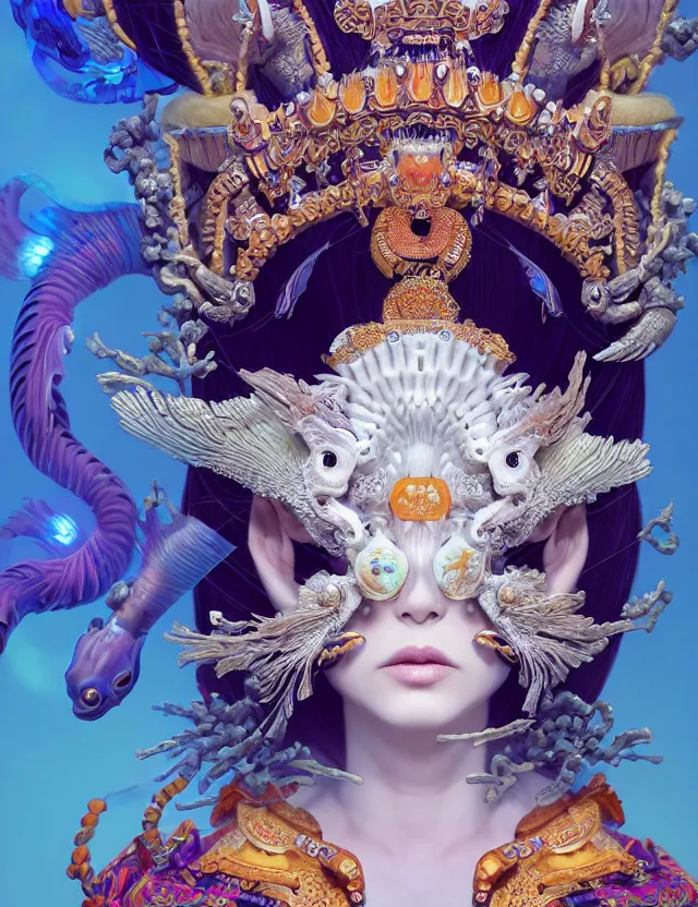 Image similar to 3 d goddess close - up profile portrait with crown, ram skull. beautiful intricately detailed punk japanese crow kitsune mask and clasical japanese kimono. betta fish, jellyfish phoenix, bio - luminescent, plasma, ice, water, wind, creature, artwork by tooth wu and wlop and beeple and greg rutkowski