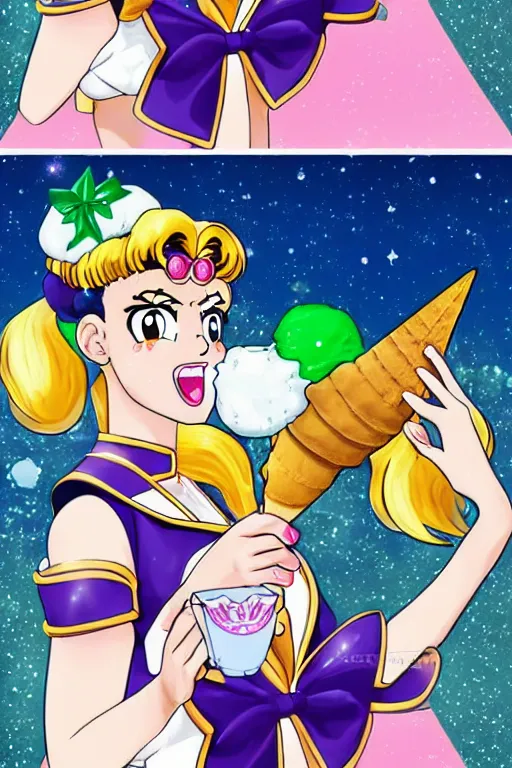 Image similar to Sailor Moon eating an ice-cream cone with green ice-cream, walking down New York Time Square, high detail, realistic