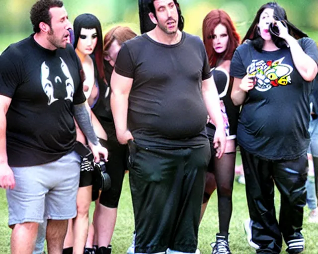 Prompt: fat gamer adam sandler wearing gamer shorts. surrounded by adoring female goth vampires.