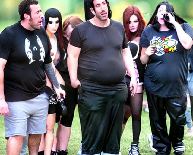 Image similar to fat gamer adam sandler wearing gamer shorts. surrounded by adoring female goth vampires.