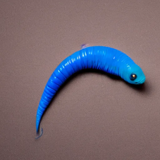 Image similar to studio photograph of a matte dark gray worm with a neon blue head and tail