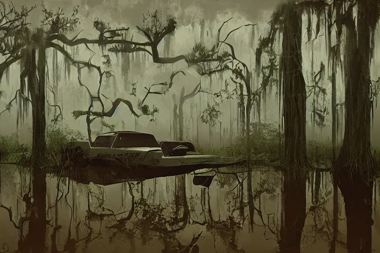 Image similar to scene from louisiana swamps, airboat, neon farm, big oak, pentagram, boy scout troop, voodoo artwork by tim eitel