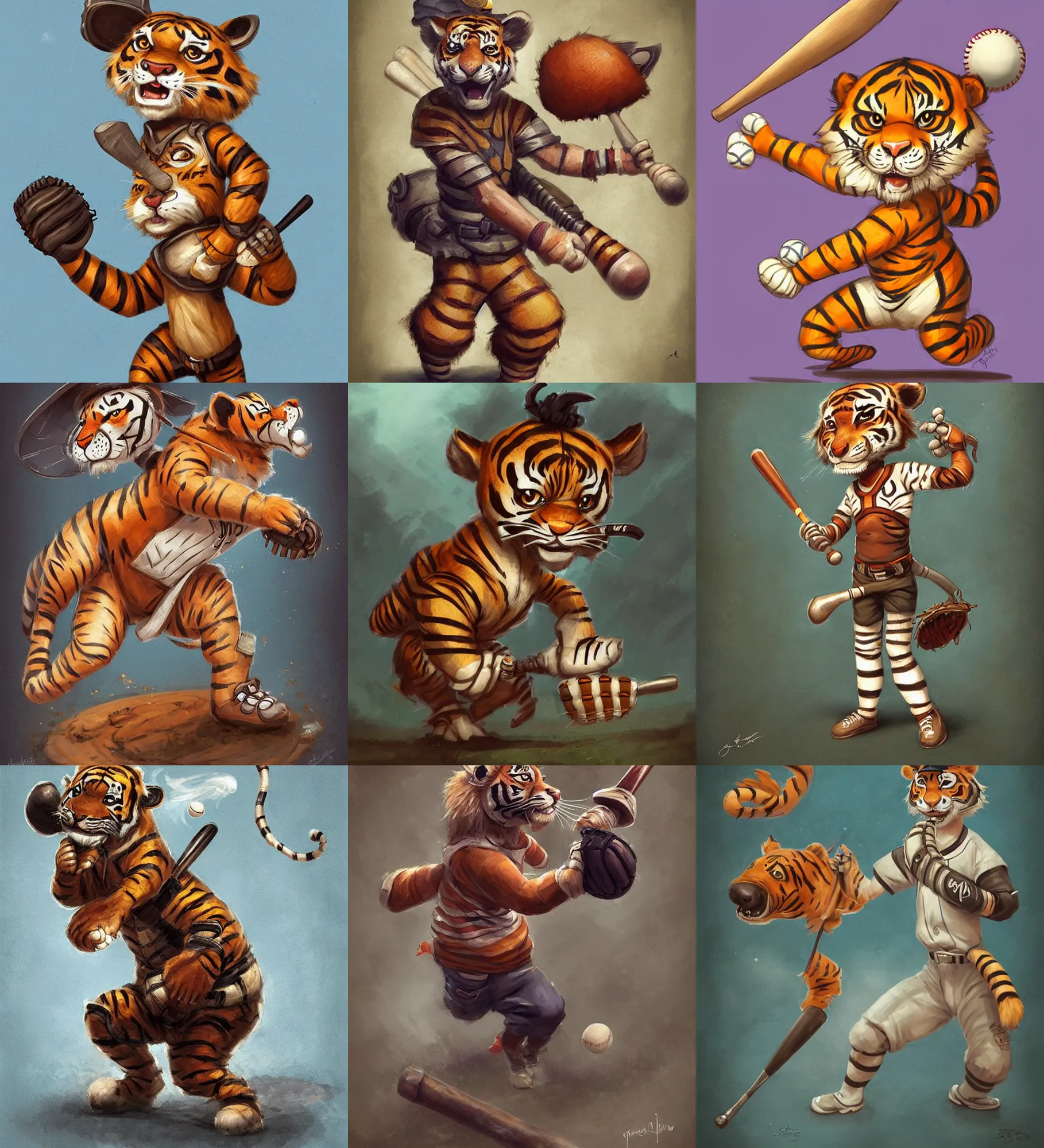 Prompt: cute little anthropomorphic tiger baseball pitcher, tiny, small, short, baseball uniform cute and adorable, pretty, beautiful, baseball stadium, dnd character art portrait, matte fantasy painting, deviantart artstation, by jason felix by steve argyle by tyler jacobson by peter mohrbacher, cinema