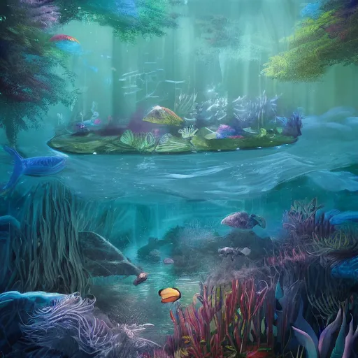 Image similar to school of fish swimming in the magical forest under the water , dreamy, magical effect, glowing effect, devianart, artstation, hyperreal, hyperdetailed, illustration