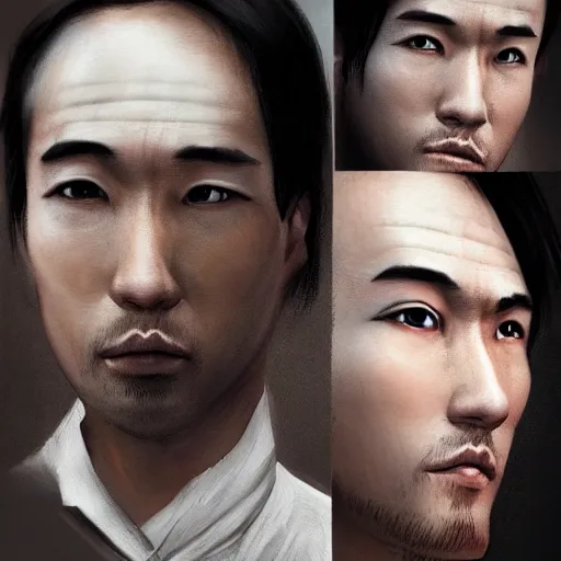 Prompt: of male portrait. creative. asian, inquisitive, sarcastic. contrary. big. high details, photorealistic. artstation trending.