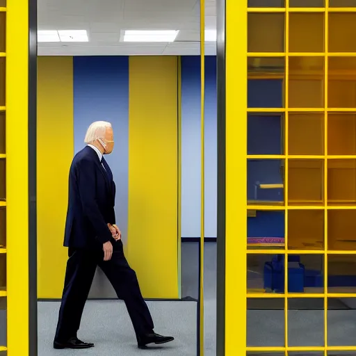 Image similar to joe biden inside an endless office with yellow walls