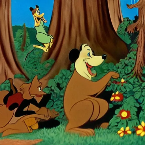 Image similar to 1940s disney film about talking forest animals super high detail