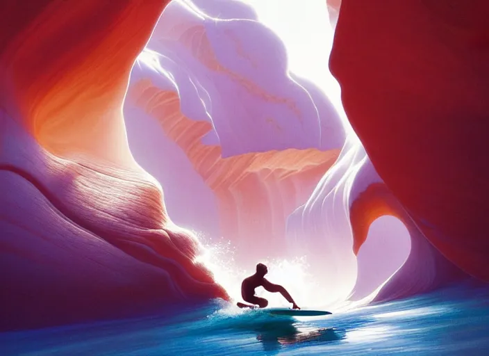 Prompt: a beautiful digital painting of a Duke Kahanamoku surfing a dangerous white and royal blue tsunami at Antelope Canyon on a chic surfboard at Pamukkale, thermal waters flowing down gold travertine terraces by greg rutkowski, award winning photo, ethereal and dreamy pink clouds, trending on artstation, highly detailed, unreal engine, octane render