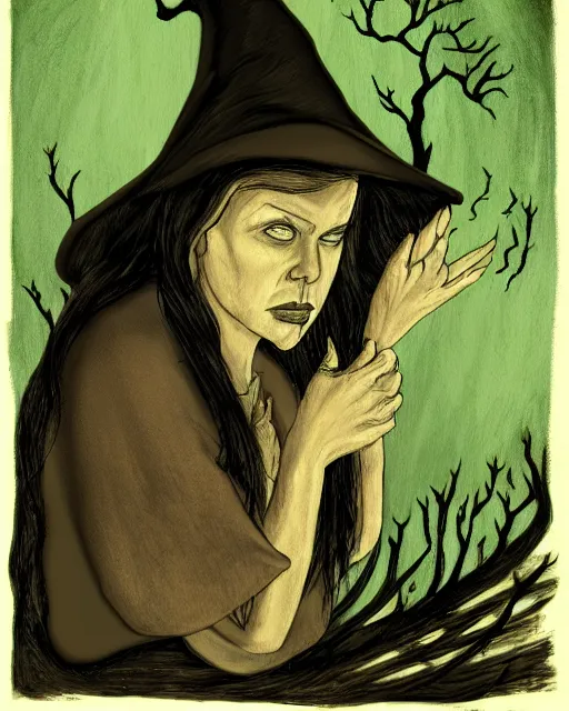 Image similar to a portrait of a sad witch in a burning forest