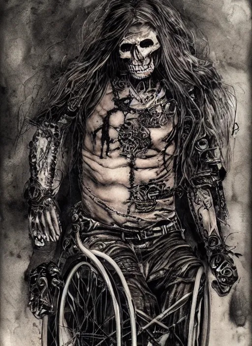 Image similar to portrait, Long haired biker skeleton in a wheelchair, has tattoos, watercolor, dramatic lighting, cinematic, establishing shot, extremely high detail, foto realistic, cinematic lighting, pen and ink, intricate line drawings, by Yoshitaka Amano, Ruan Jia, Kentaro Miura, Artgerm, post processed, concept art, artstation, matte painting, style by eddie mendoza, raphael lacoste, alex ross