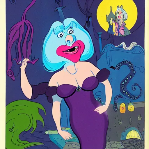 Prompt: ( boris johnson ) as ursula the sea witch, 1 9 8 9 disney, cartoon, octopus, dark purple