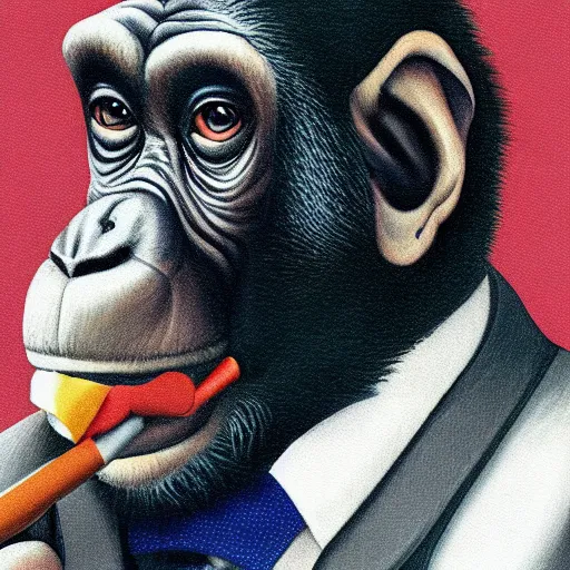 Image similar to a high detail portrait of a chimp wearing a suit 👔,and smoking🚬