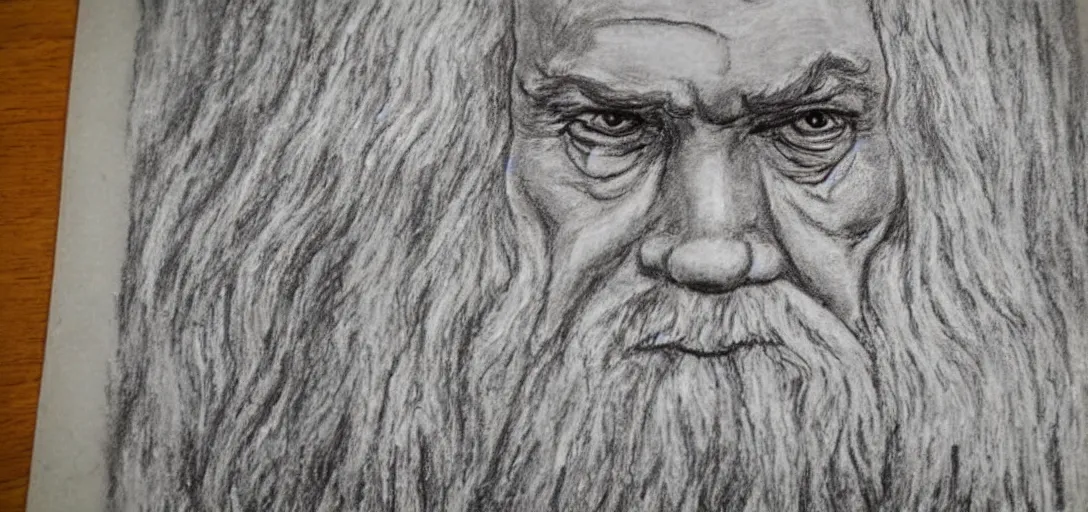 Image similar to Gandalf poorly drawn in wax crayon by a five-year old