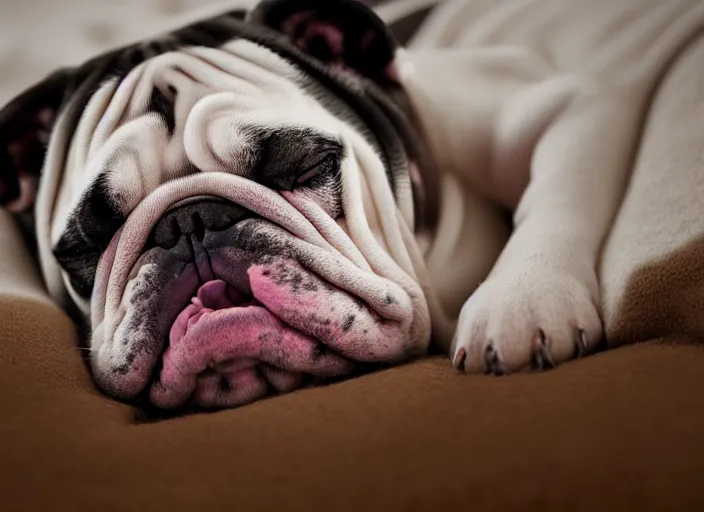 Image similar to a closeup, 4 5 mm, portrait of a sleeping english bulldog in a bed, on a pillow, low light, 4 5 mm, by franz lanting