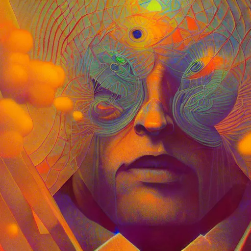 Prompt: fbi agent having psychedelic geometric visions, beksinski, wayne barlowe, very coherent symmetrical artwork, cinematic, hyper realism, high detail, octane render, 8 k