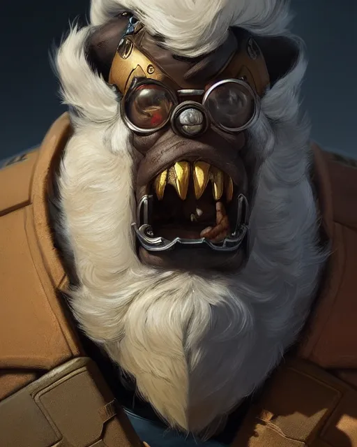 Image similar to winston from overwatch, character portrait, portrait, close up, concept art, intricate details, highly detailed by greg rutkowski, michael whelan and gustave dore