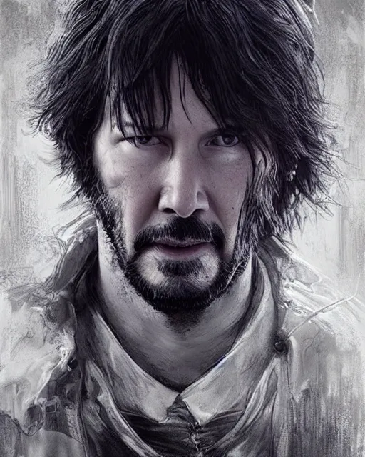 Prompt: keanu reeves as a ghost with his dog, hyper realistic face, beautiful eyes, fantasy art, in the style of greg rutkowski, intricate, hyper detailed, smooth