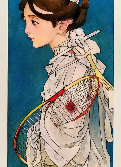 Image similar to a copic maker art nouveau portrait of a russian beautiful girl with sad face wearing a tennis player outfit inspired in inuyasha clothes by john berkey norman rockwell