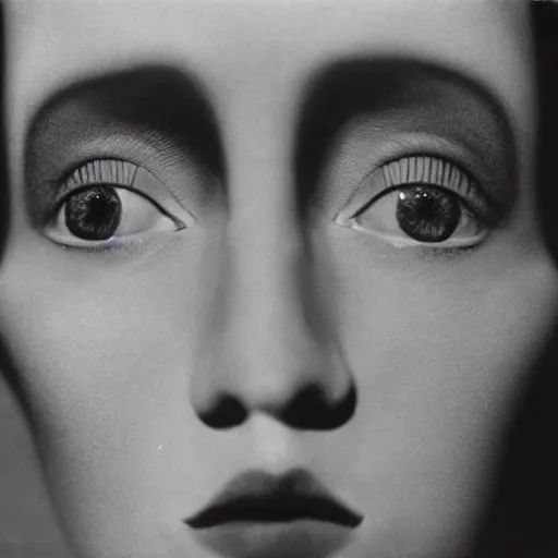 Image similar to high quality high detail portrait by man ray, hd, intense unsettling look in the eyes, photorealistic lighting