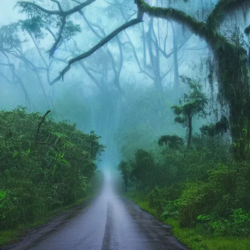 Prompt: A landscape of a jungle and a tornado, a hurricane, foggy landscape, blue bright sky