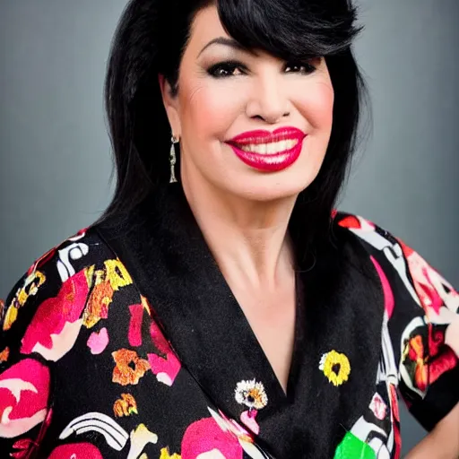 Image similar to dslr fashion!! photo portrait still of 5 1 year old age 5 1 selena quintanilla at age 5 1!!!, 8 5 mm f 1. 8, studio lighting, vogue