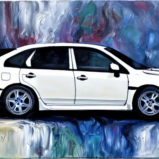 Image similar to white Subaru WRX, abstract painting