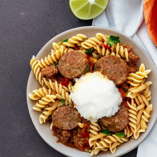 Image similar to photograph of a dish made with sausage, pasta and tacos