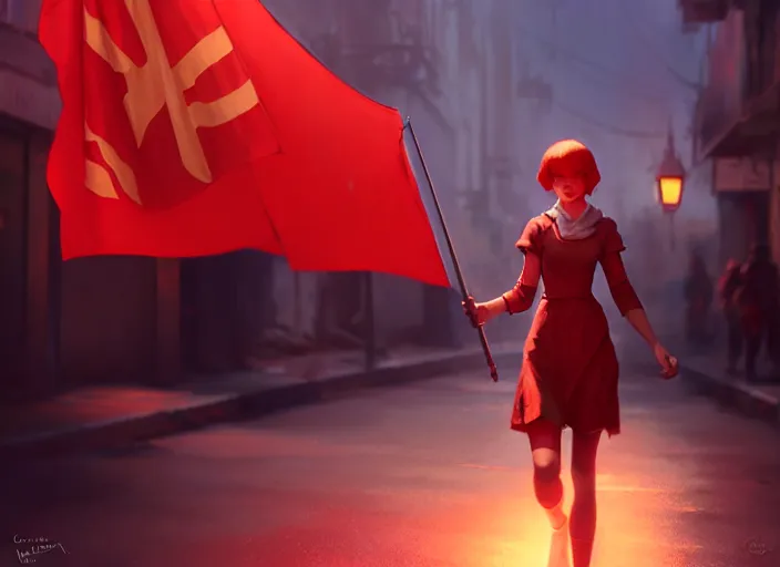 Image similar to glowing girl carrying a red propaganda flag walking through poor district, DSLR 85mm, by Craig Mullins, ilya kuvshinov, krenz cushart, artgerm, Unreal Engine 5, Lumen, Nanite