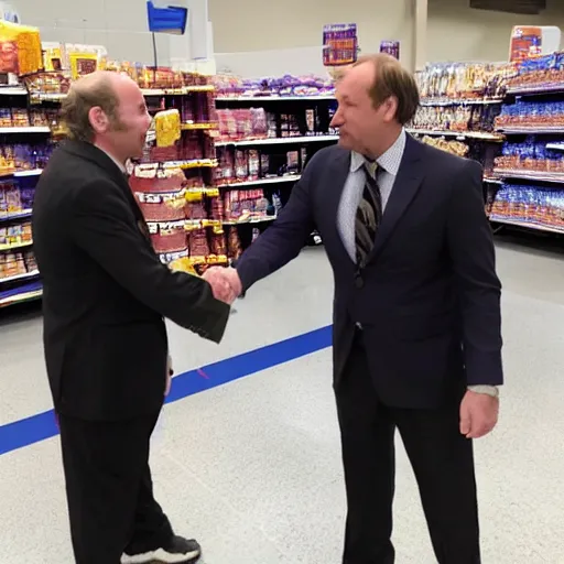 Prompt: saul goodman shaking hands with thanos at a walmart