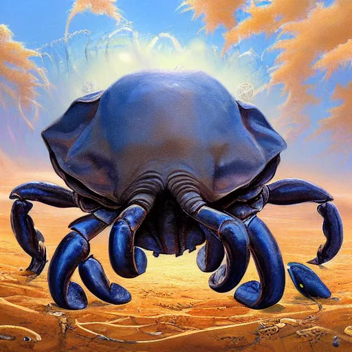 Image similar to elephant - crab creature, oil painting by justin gerard