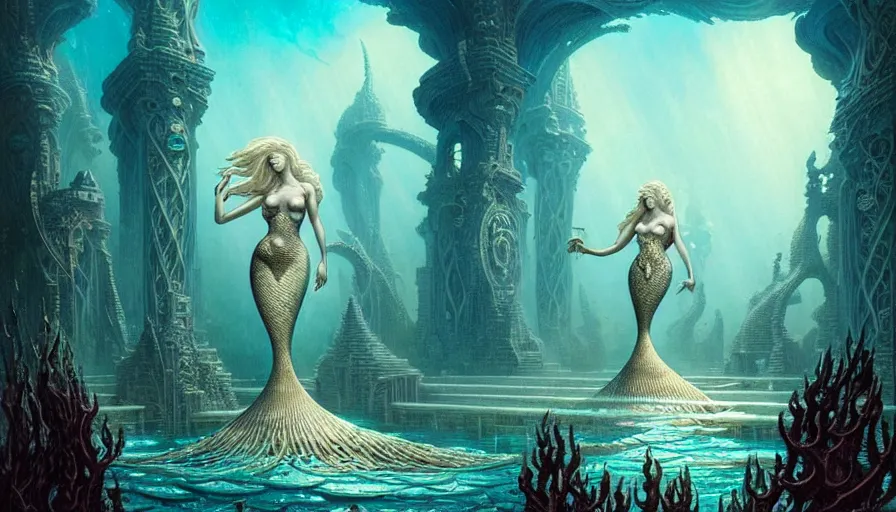 Image similar to a graceful beautiful mermaid looking at the sunken city of Atlantis deep under water, stunning undersea intricate detailed grand architecture in the style of Joe Fenton, art style by Greg Rutkowski and Mohrbacher, deep underwater scene, dark and moody, rays of sunlight, faint volumetric god rays, grim crushing atmosphere, trending on artstation, masterpiece, claustrophobic, 8k octane beautifully detailed render, post-processing, extremely hyperdetailed, intricate, epic composition, grim yet sparkling atmosphere, cinematic lighting + masterpiece, trending on artstation, very detailed