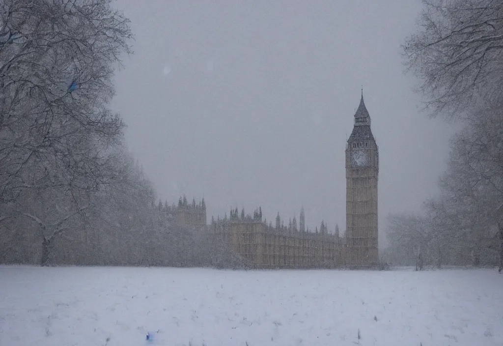 Image similar to big ben covered in snow in a snowy forest in the style of claude monet, digital art.