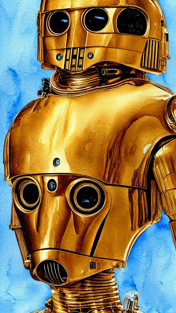 Image similar to a portrait of c - 3 po in a watercolor style. faded wash. style of robert hagan. color harmony, 8 k detail, gallery quality, hd wallpaper, premium prints available, hyper - detailed, intricate design.