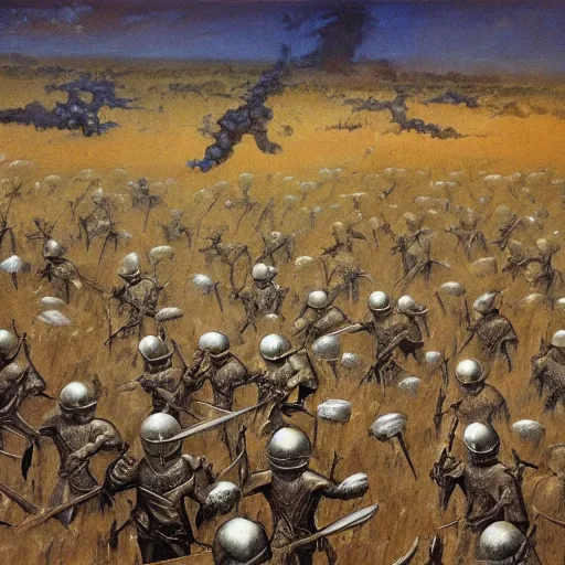 Image similar to oil painting of a ground covered in medieval silver soldier corpses, war, storm dawn, by Frank Frazetta, by Georgia O Keeffe sfumato, realistic