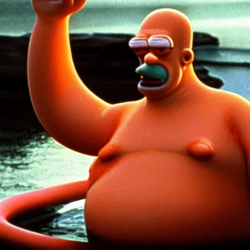 Image similar to A movie still of Homer Simpson in Jaws (1975), 4k, 35mm, promo shoot, award winning