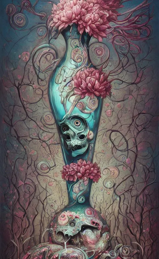 Image similar to a biomorphic painting of a vase with flowers and eyeballs in it, a surrealist painting by Nychos, by Peter Mohrbacher, by Beksinski, pastel blues and pinks, featured on artstation, metaphysical painting, oil on canvas, fluid acrylic pour art, airbrush art,