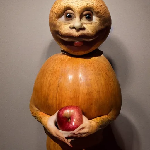 Prompt: a taxidermized apple with a human face, in a museum, 8 5 mm lens, 7 0 mm entrance pupil diameter