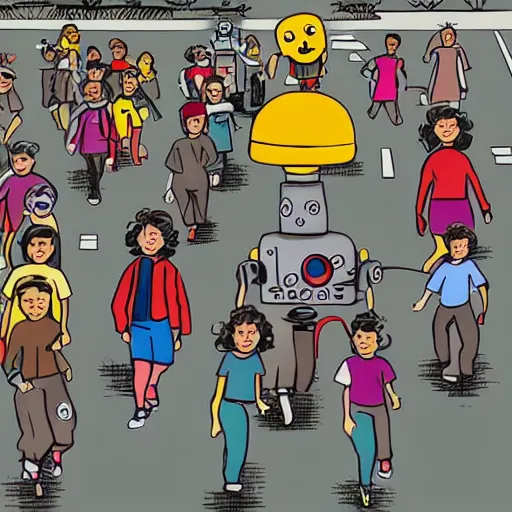 Image similar to in the style of 1960s, A scary robot is chasing after a bunch of scared kids down the street, fully detailed , fully detailed kids faces in focus