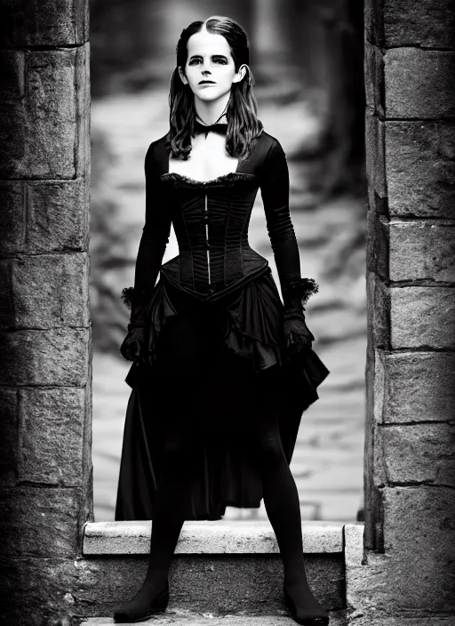 Image similar to Emma Watson for Victorian Secret as goth, squatting pose, full length shot, extremely detailed, XF IQ4, 50MP, 50mm, f/1.4, ISO 200, 1/160s, natural light, Adobe Lightroom, rule of thirds, symmetrical balance, depth layering, polarizing filter, Sense of Depth