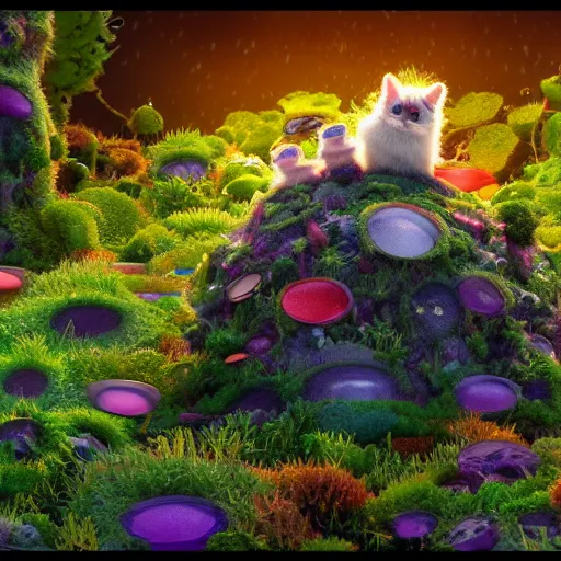 Image similar to tiny fur tower, vegetation, expressive eyes, floating, rbc, radiolaria, protophyta, micro - organisms, center frame, symmetric, rim light, marine microbiology, bioluminescence, electric, fur, soft, concept art, intricate details, highly detailed, colorful, photorealistic, disney pixar, octane render, iridescent, anime, 8 k