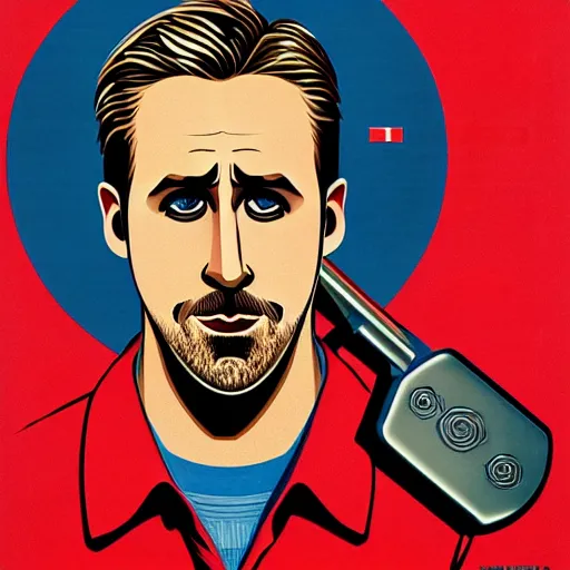 Prompt: realistic portrait of ryan gosling as a soviet mechanic, with a huge wrench, futuristic, highly detailed, 8 0 - s style poster, sharp focus, illustration, art by kawase hasui,