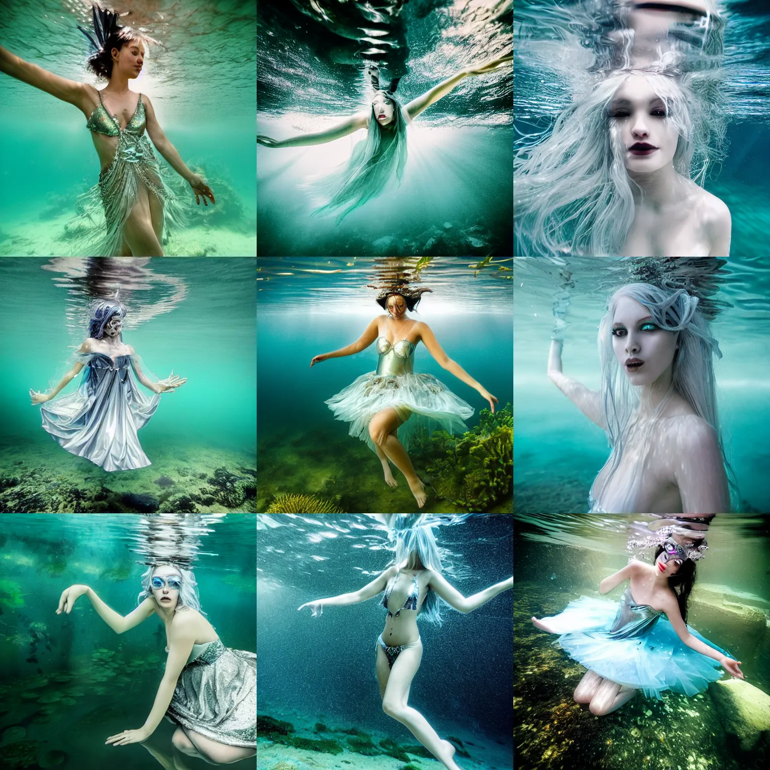 Prompt: A silver haired mad nymph, dressed in a beautiful, fancy silver dress, floathing underwater in a lake, mystical, atmospheric, greenish blue tones, underwater photography