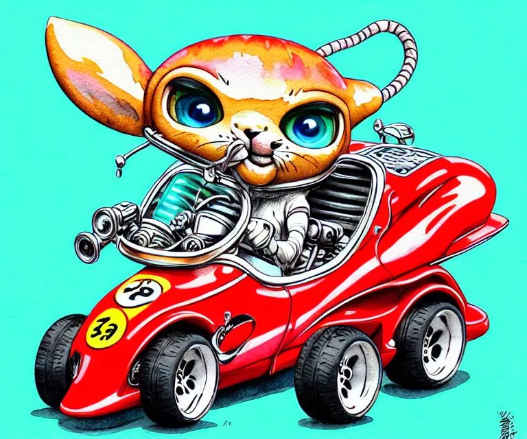 Image similar to cute and funny, baby jaguar wearing a helmet riding in a hot rod with oversized engine, ratfink style by ed roth, centered award winning watercolor pen illustration, isometric illustration by chihiro iwasaki, edited by range murata, tiny details by artgerm and watercolor girl, symmetrically isometrically centered, sharply focused