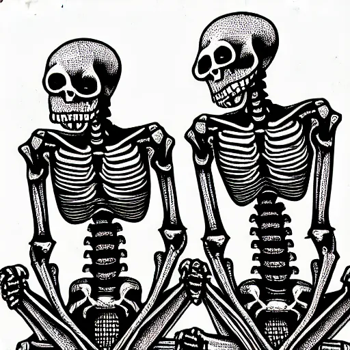 Prompt: two praying skeletons kneeling facing each other arms raised, ink pen, highly detailed, crosshatching